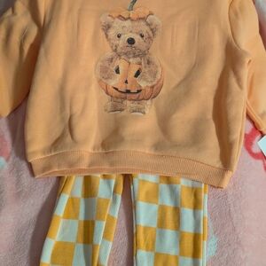 Kids Peach Teddy Pumpkin Matching Set - Sweatshirt & Check Leggings